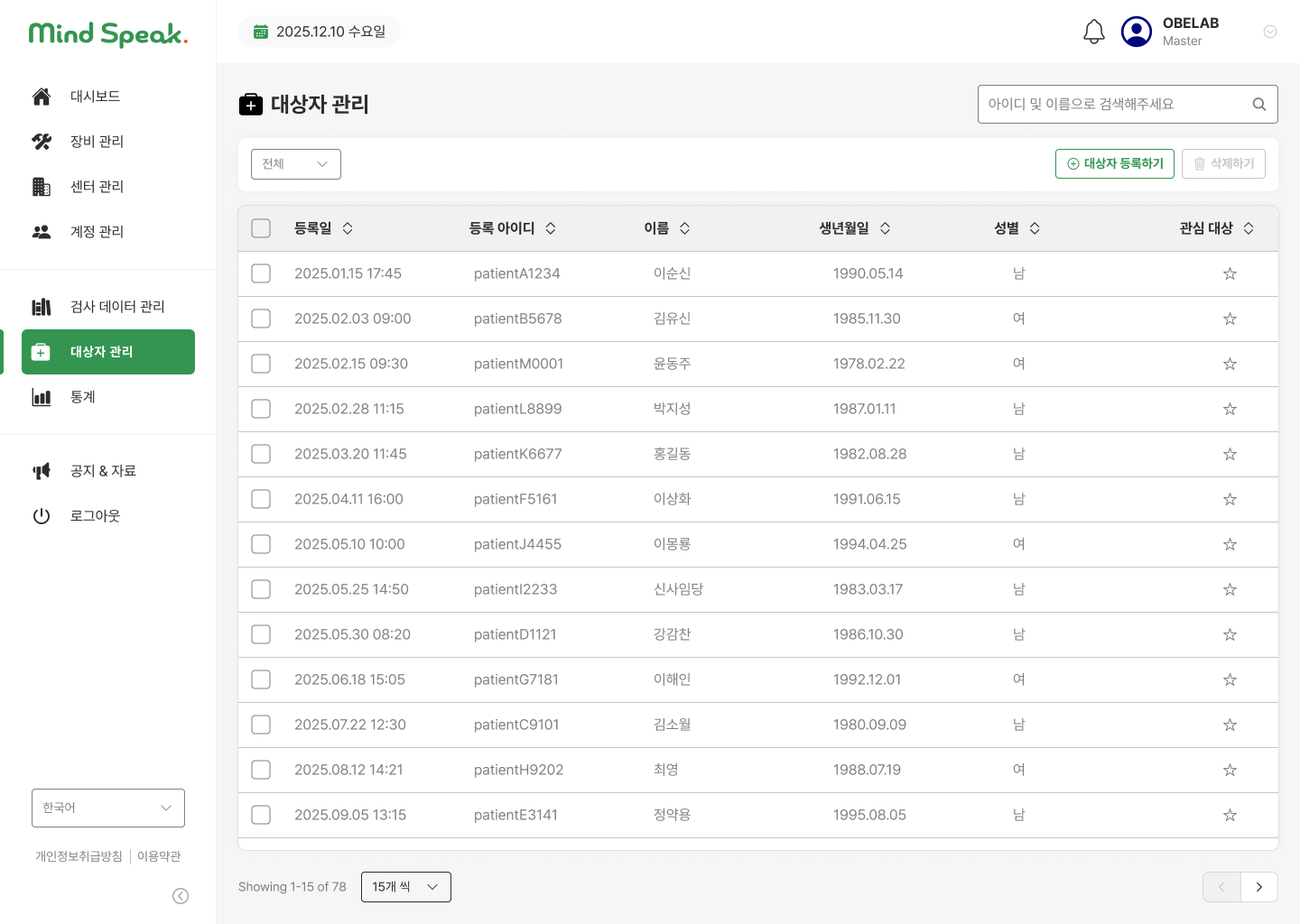 대상자 아이디, 이름, 생년월일, 성별과 관심 대상을 제공하는 Mind Speak CMS 대상자 관리 화면