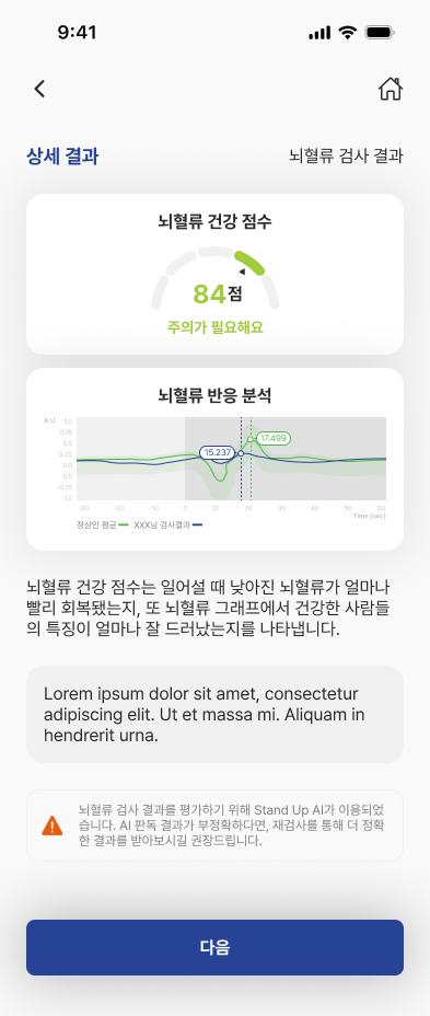 모바일에서 뇌혈류 점수와 반응 그래프를 확인하는 결과 화면